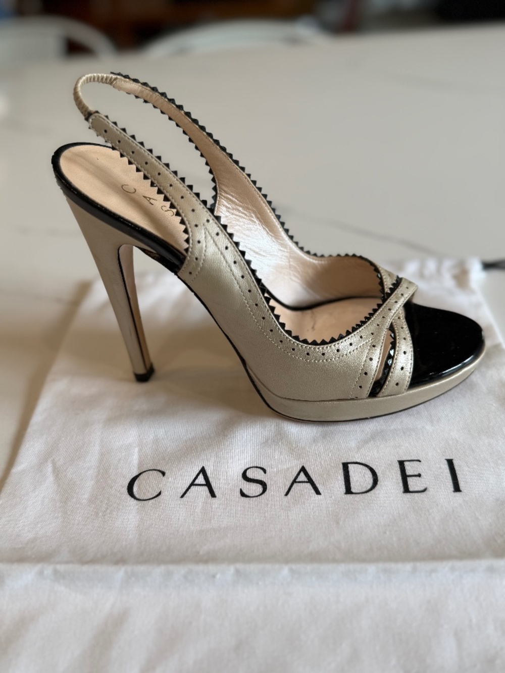 Casadei sling back heeled sandals light taupe and black, size 36.5